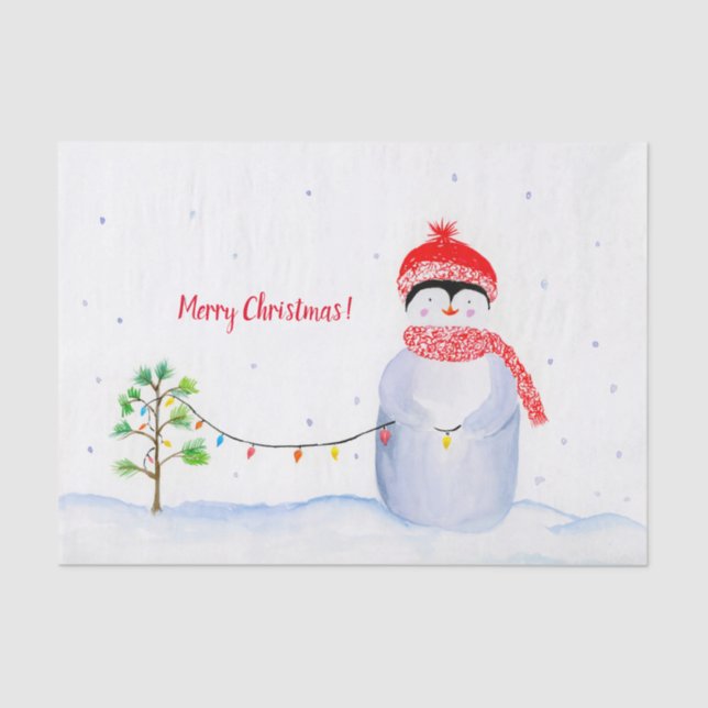 Papel De Seda Pinguim De Aquarela Com Luzes Xmas (Frente )