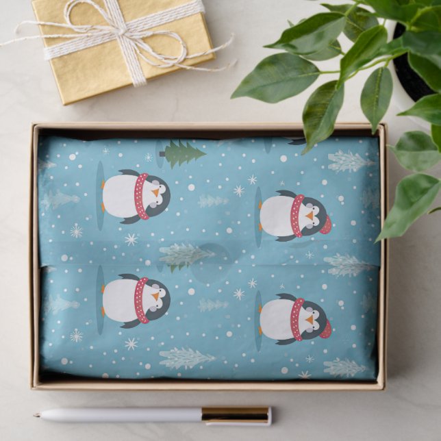 Papel De Seda Pinguins bonitos em azul claro com flocos de neve (Presente)
