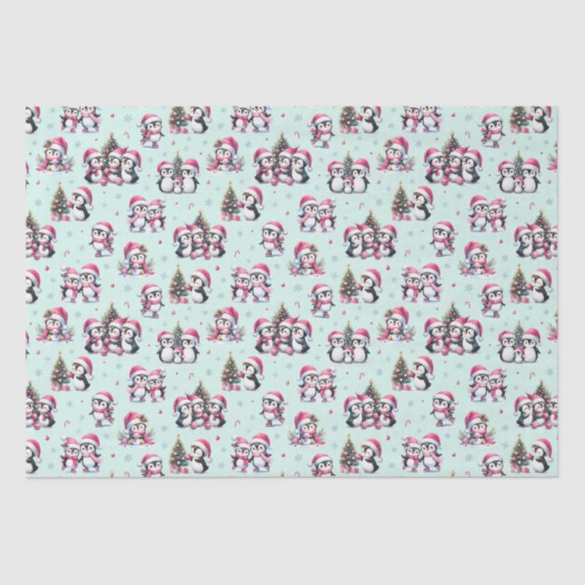 Papel De Seda Pinguins Divertidos Padrão Casa Verde e Natal Rosa (Frente )
