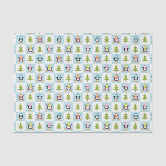 Papel De Seda Pinguins e teste padrão festivos das árvores de (Frente )