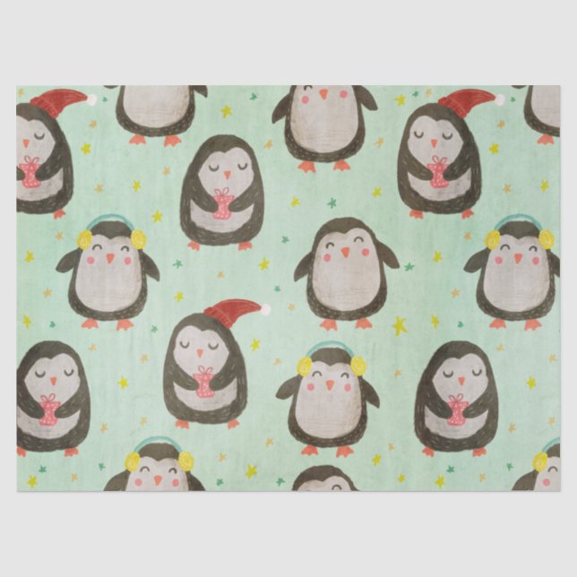 Papel De Seda Pinguins felizes Vestindo Papai Noel com Muff de O (Frente )