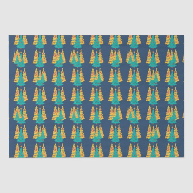 Papel De Seda Pinheira-pinheiro azul simples retro padrão (Frente )