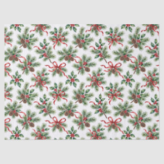 Papel De Seda Pinho de Natal em Aquarela e Fita de Azevinho 