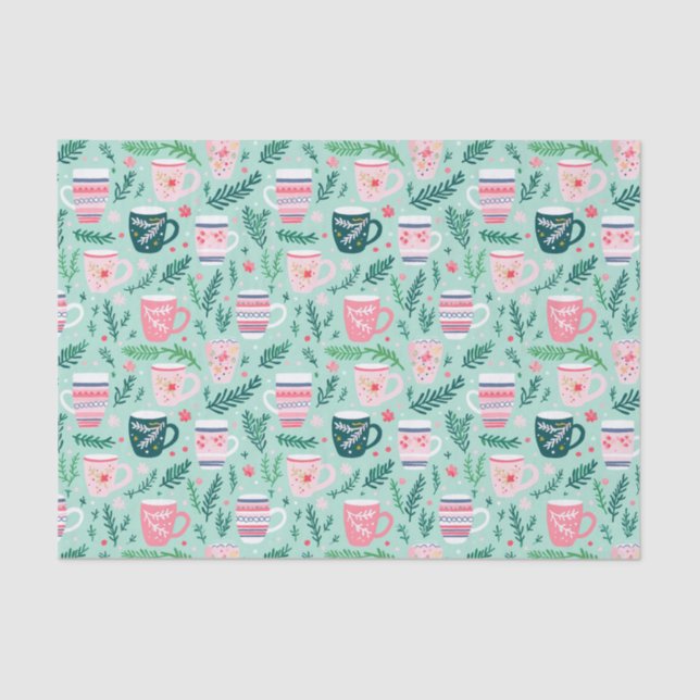Papel De Seda Pink e canecas de Natal verdes (Frente )