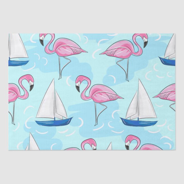 Papel De Seda Pink Flamingo Blue Sailboat Preppy (Frente )