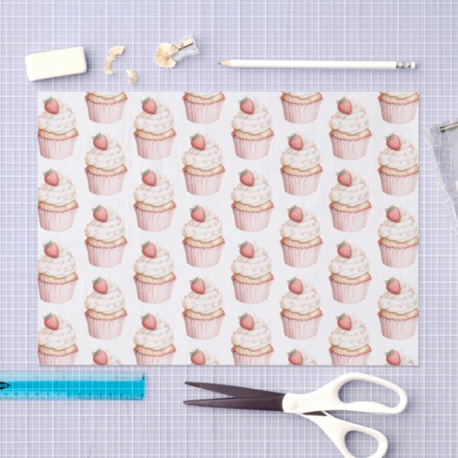 Papel De Seda Pink Hearts Strawberry Cupcake   (Arte )
