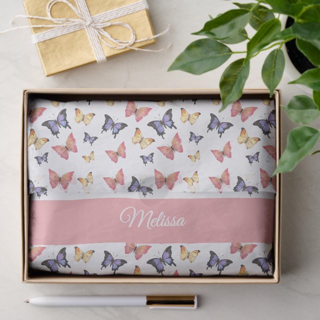 Papel De Seda Pink Purple Butterflies Custom Name (Presente)