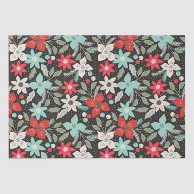 Papel De Seda Pintado Natal Poinsettia Red White Aqua (Frente )