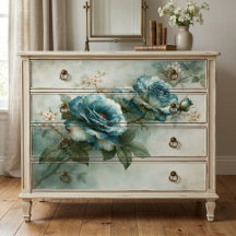 Pintura a Óleo Azul-verde Galho de Rosa Vintage De