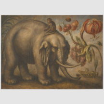 Pintura a Óleo Botânica de Elefante e Macaco Vinta