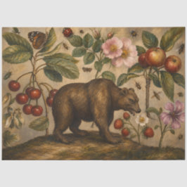 Papel De Seda Pintura a Óleo Botânico de Urso Vintage e Pomar