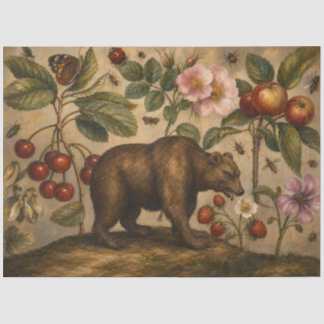 Papel De Seda Pintura a Óleo Botânico de Urso Vintage e Pomar