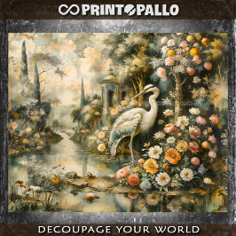 Papel De Seda Pintura a óleo renascentista com garça e natureza