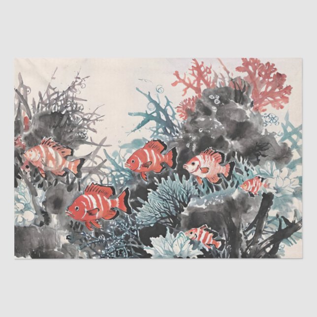 Papel De Seda Pintura a Tinta Chinesa de Peixes e Coral (Frente )