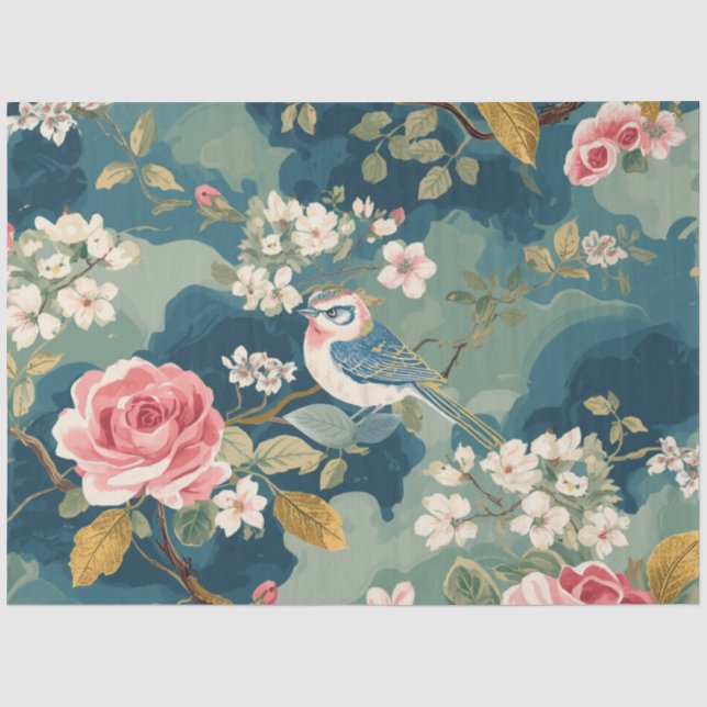Papel De Seda Pintura de Flores Rosa Branco de Pardal Decoupage (Frente )