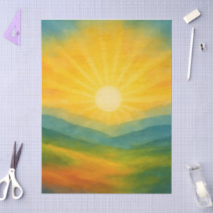 Papel De Seda Pintura de paisagem ao nascer do sol em aquarela
