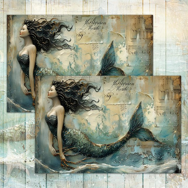 PAPEL DE SEDA PINTURA DE SEREIA COM EFEITO DE DESGASTE COM TÉCNI (MERMAID PAINTING DISTRESSED MIXED MEDIA DECOUPAGE TISSUE PAPER)