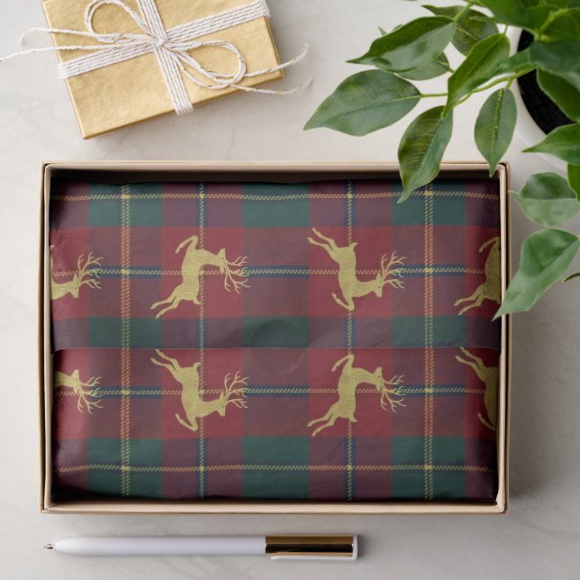 Papel De Seda Plaid Xadrez Tradicional de Natal com Rena (Presente)