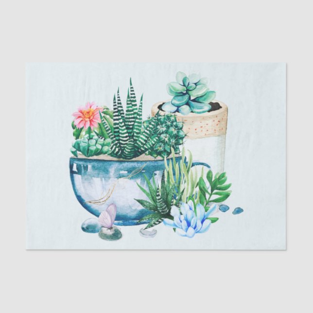 Papel De Seda Plantas com Suculência de Aquarelas nos Potes (Frente )
