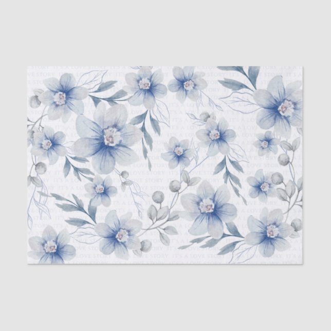 Papel De Seda Poeira de Amor Texto Azul Flor de Aquarela (Frente )