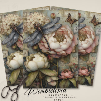 Papel De Seda Poeira de Peônia e Libélula Caprichosa Decoupage