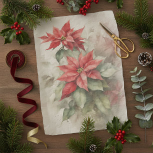 Papel De Seda Poinsettia Botânica de Natal em Aquarela Vintage