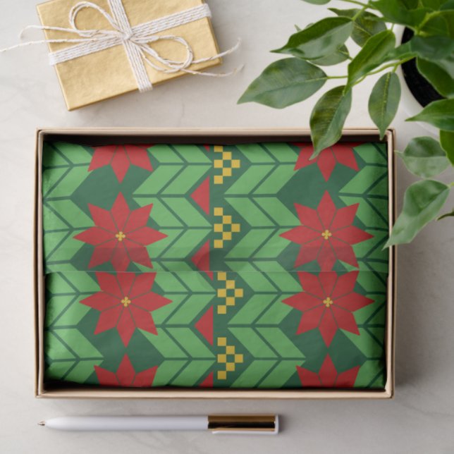 Papel De Seda Poinsettia Flowers Red Gold and Green Holiday (Presente)