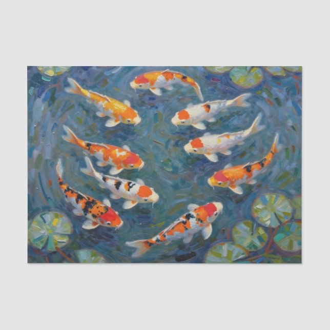 Papel De Seda Pond de Lírios de Água com Peixes Koi Impressionis (Frente )