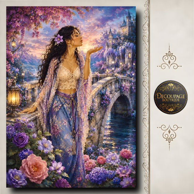 Papel De Seda Ponte do Castelo da Mulher Decoupage Flores Roxas (Woman Castle Bridge Purple Flowers Decoupage Tissue Paper)