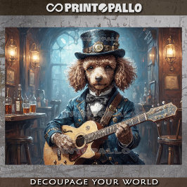 Papel De Seda Poodle com vestido elegante tocando guitarra - 