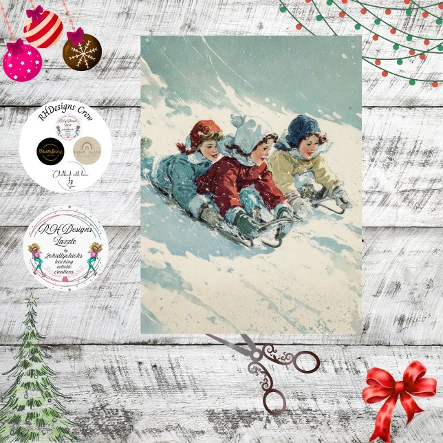 Papel De Seda Pôster Vintage Decoupage Crianças Esquiando  (Criador carregado)