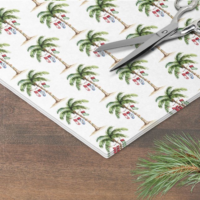Papel De Seda Praia de Árvores Palmeiras Tropicais Natal (Tropical Palm Tree Beach Christmas Tissue Paper)