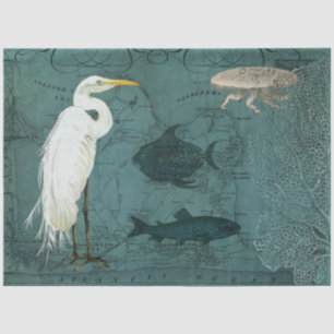 Papel De Seda Praia Náutica Oceano Mapa Aquarela Heroína Peixe A