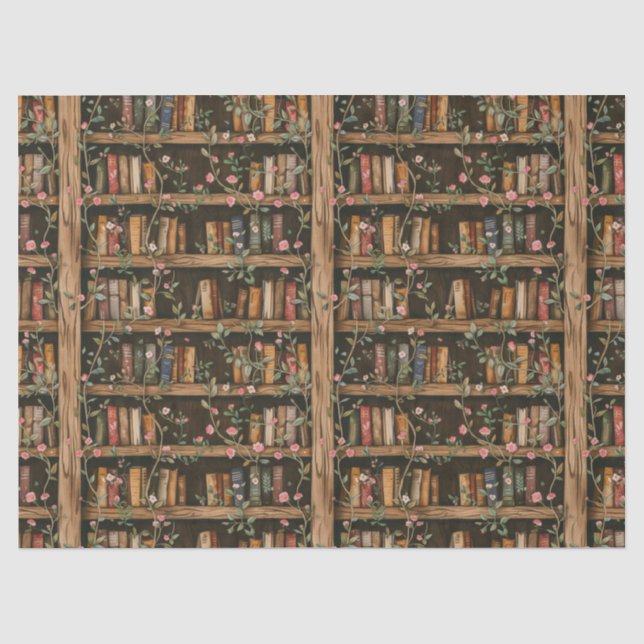Papel De Seda Prateleiras de livros com trepadeiras floridas (Frente )