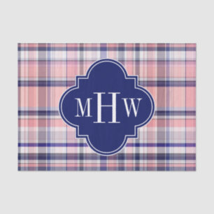 Papel De Seda Preppy branco, Marinho rosa, Madras Quatrefoil Mon