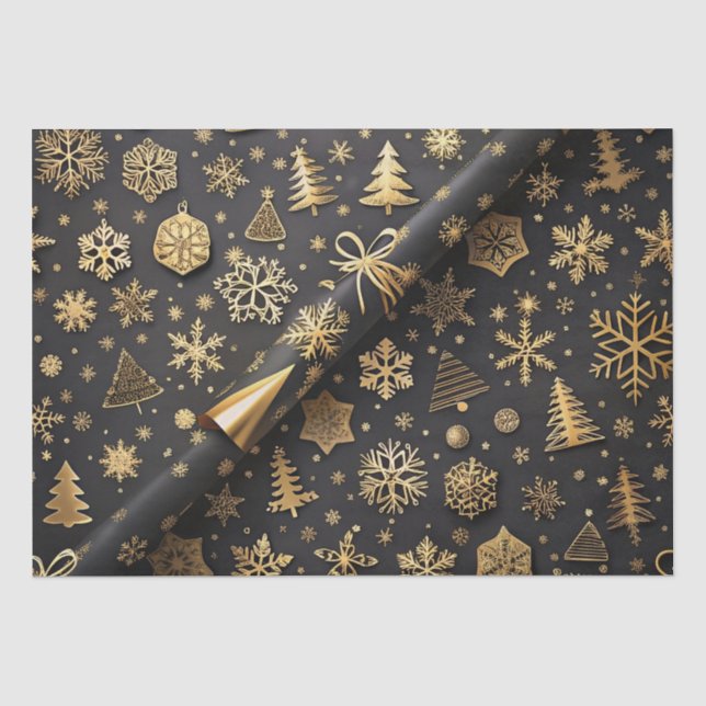 Papel De Seda Presente de Natal Dourado e negro elegante (Frente )