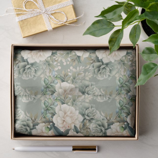Papel De Seda Presente Floral Verde Sálvia Branco (Presente)