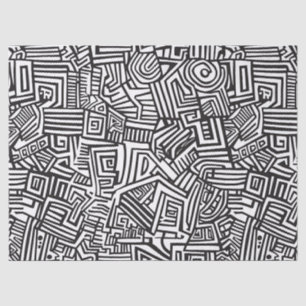 Papel De Seda Preto Branco Geométrico Labirinto Linha Abstrata