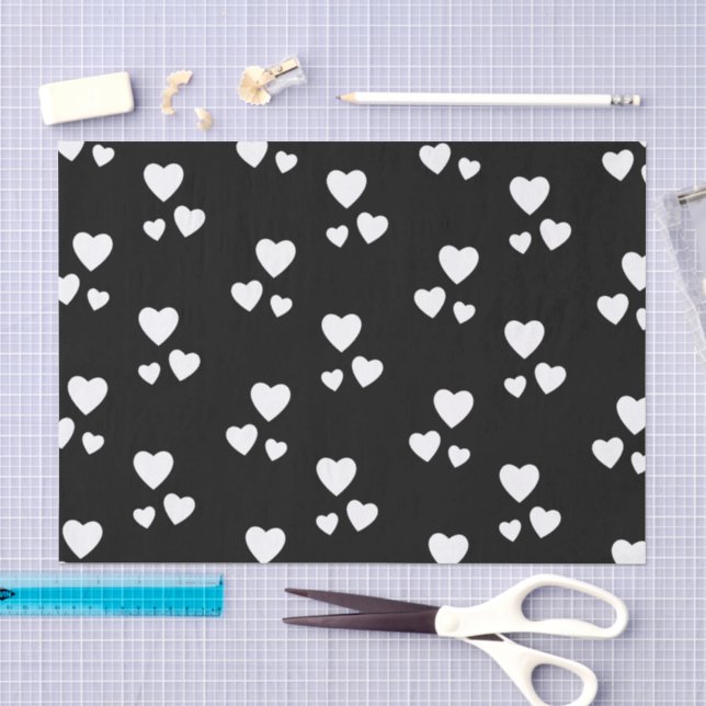Papel De Seda Preto com corações brancos (Arte )