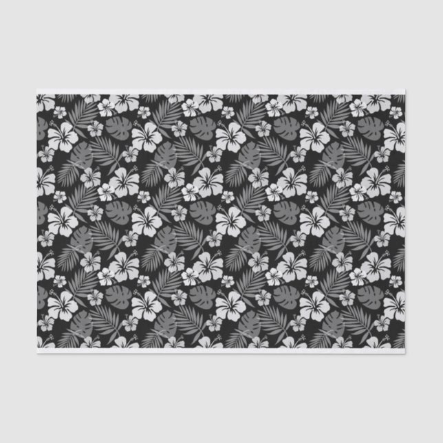 PAPEL DE SEDA PRETO COM FLORES DE HIBISCUS BRANCOS TROPICAIS (Frente )
