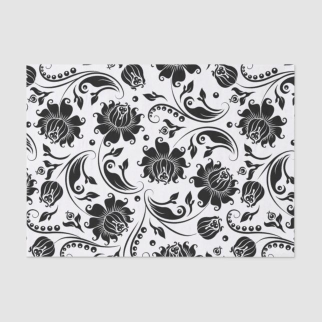Papel De Seda Preto Floral Damascos Padrão Fundo Branco (Frente )