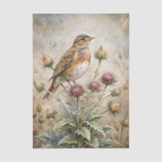 Papel De Seda Pretty Bird Perched on Purple Thistle Flowers