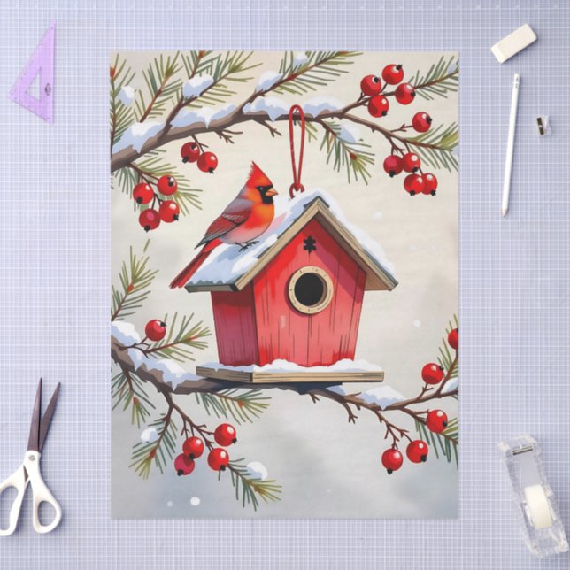 Papel De Seda Pretty Christmas Cardinal & Birdhouse Snowflakes (Arte )