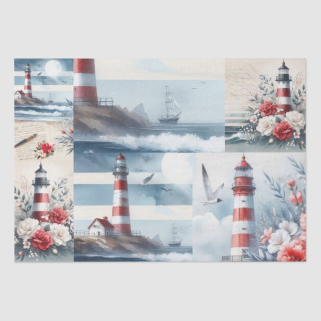 Papel De Seda Pretty Coastal Christmas Lighthouse Collage  (Frente )