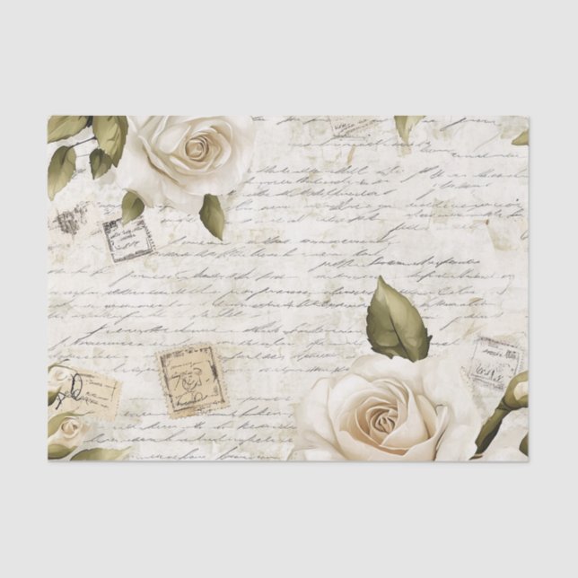 Papel De Seda Pretty Ivory Roses on Simulated Text and Stamps (Frente )