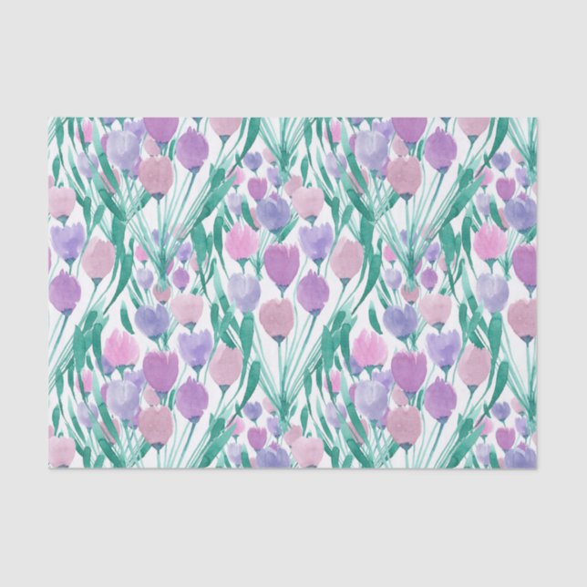 Papel De Seda Primavera Pink Tulipa Púrpura Aquarela Floral (Frente )