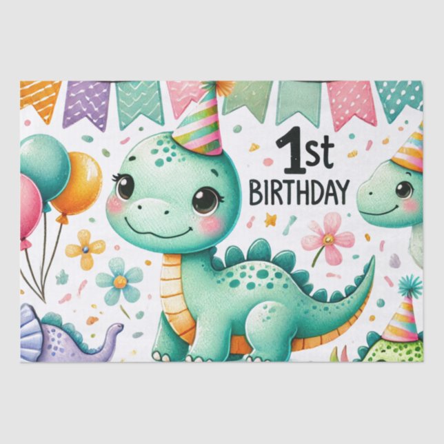 Papel De Seda primeiro aniversario Dinossaur Dino Boy Watercolor (Frente )