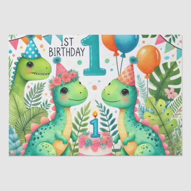 Papel De Seda primeiro aniversario Dinossaur Dino Boy Watercolor (Frente )