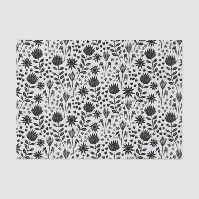 Papel De Seda Protea Floral Impressão Millefleur preto branco (Frente )