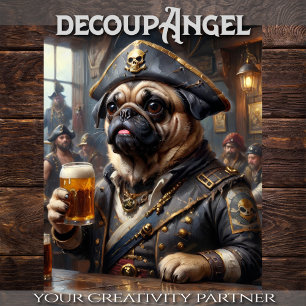 Papel De Seda Pug Bebendo Beer in Pirate's Den - Decoupage -